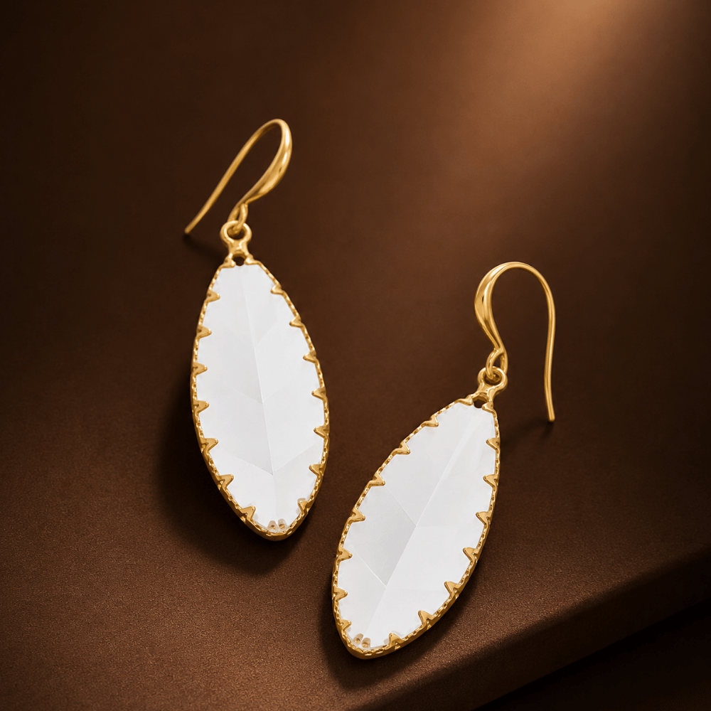 Gold Tone Etched Leaf Glass French Wire Fashion Earrings