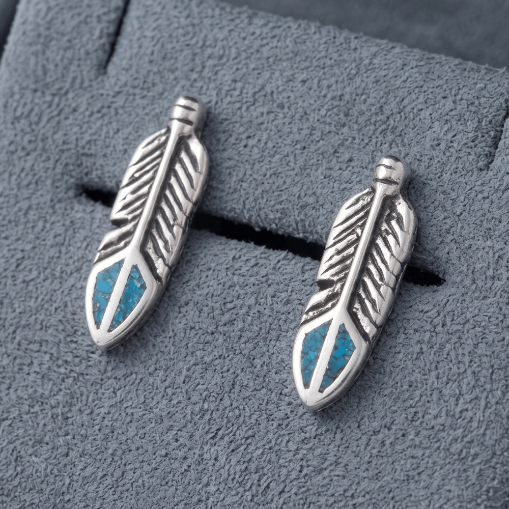 Oxidized Turquoise Chip Inlay Feather Stud Earrings