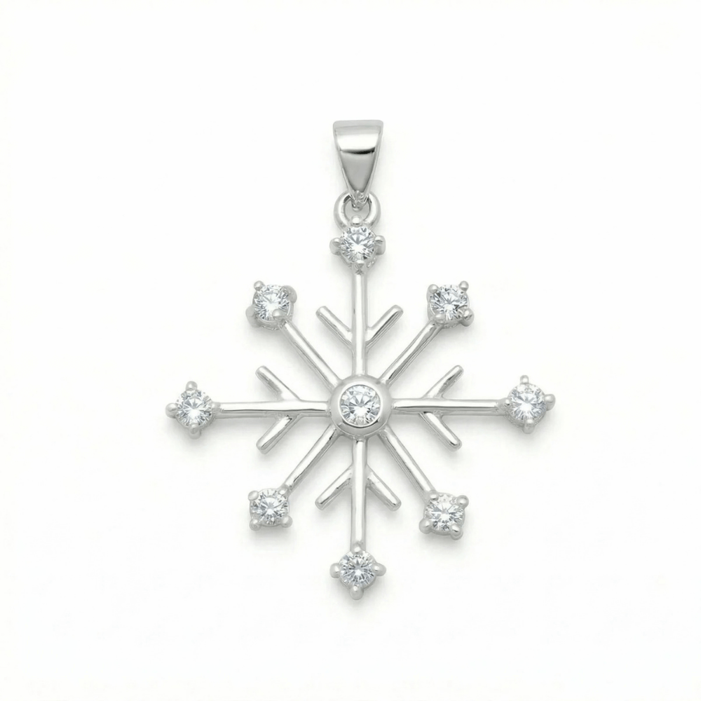 Rhodium Plated 8 Point CZ Snowflake Pendant