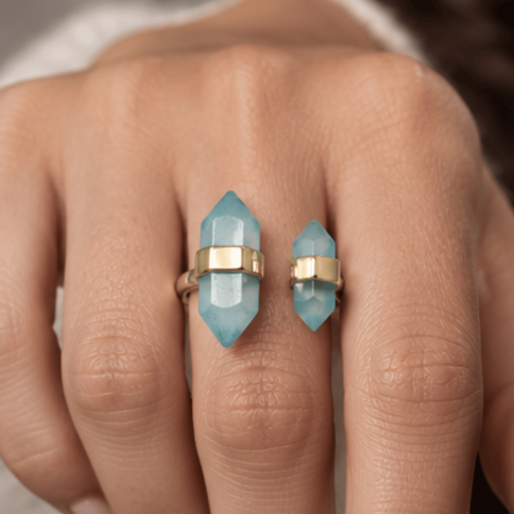 14 Karat Gold Plated Spike Pencil Cut Aqua Chalcedony Split Ring