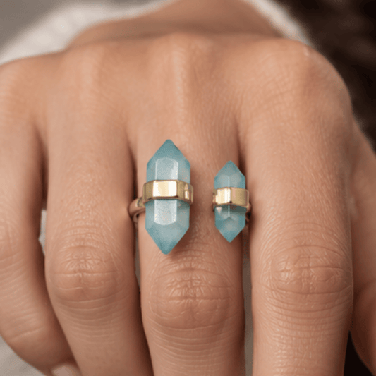 14 Karat Gold Plated Spike Pencil Cut Aqua Chalcedony Split Ring