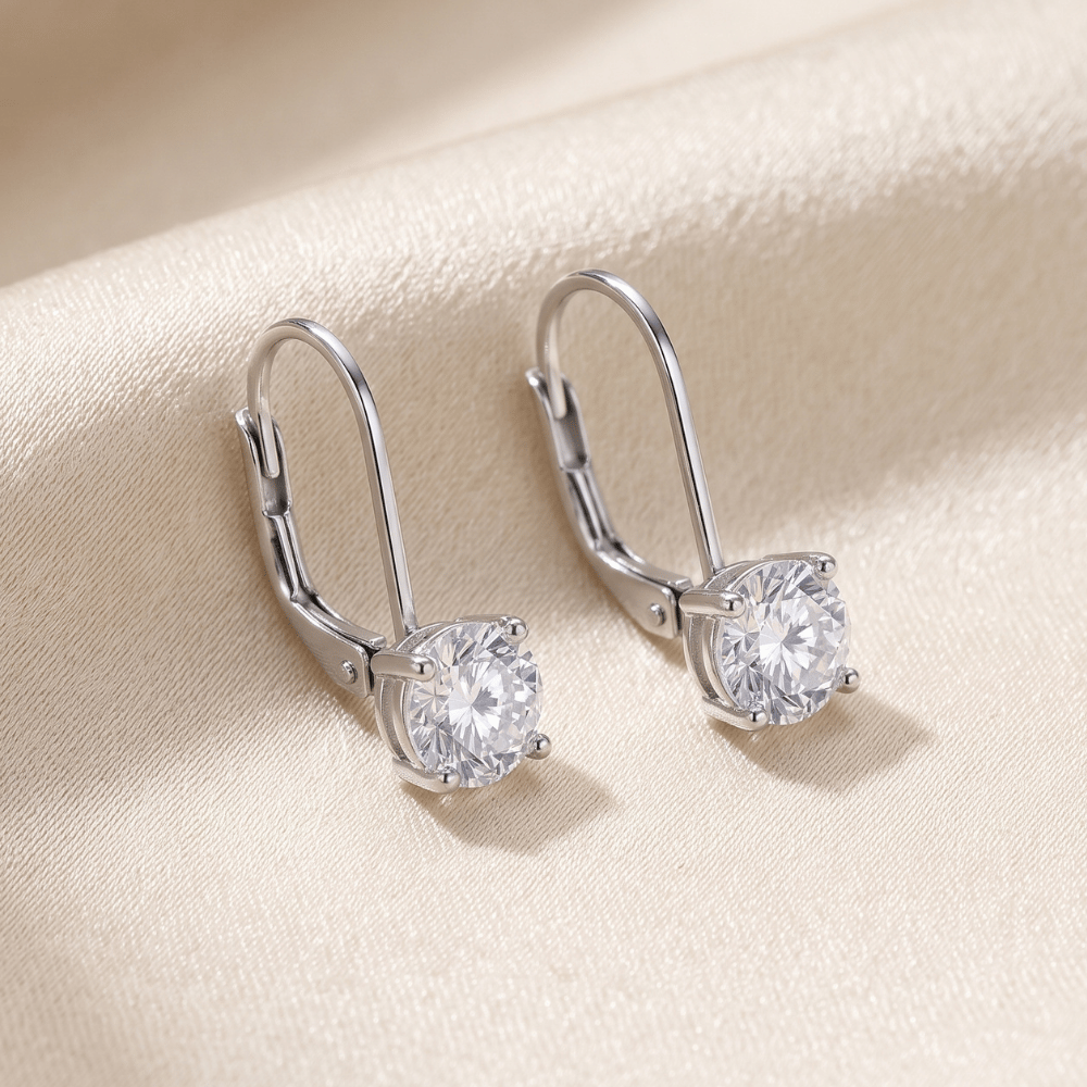Rhodium Plated Lever Back CZ Earrings