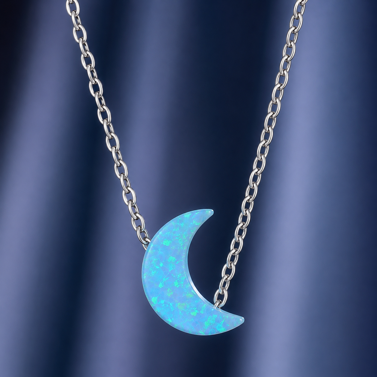 16" + 2" Rhodium Plated Synthetic Opal Moon Necklace