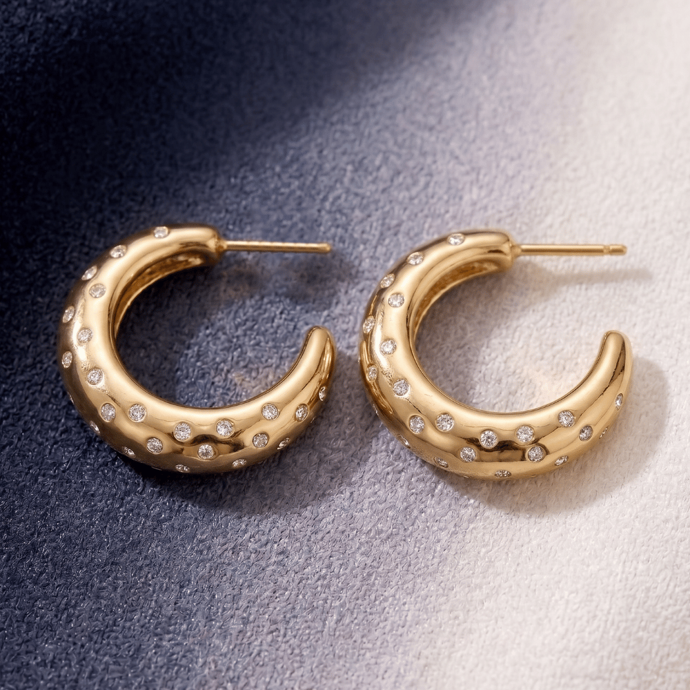 Gold Tone Crystal 3/4 Puffy Fashion Hoop Earrings