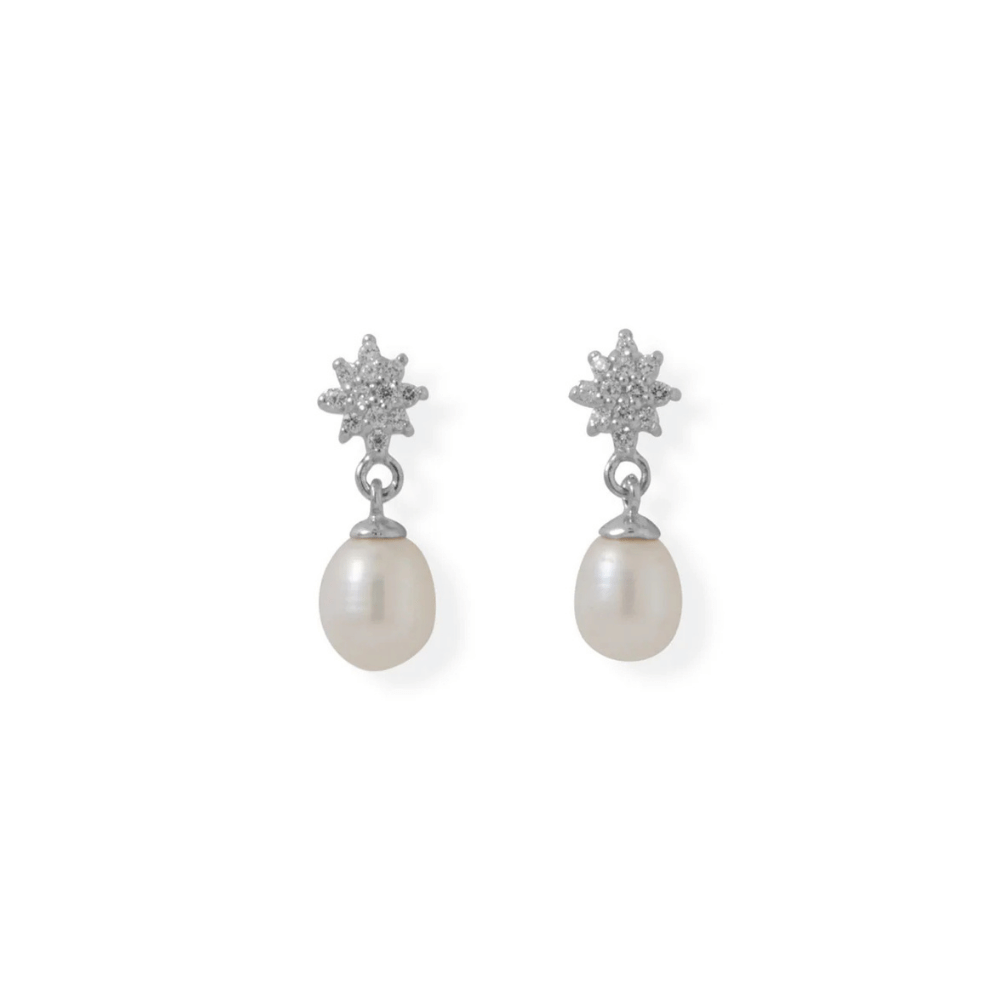 CZ Flower Post with Cultured Freshwater Pearl Drop Earrings