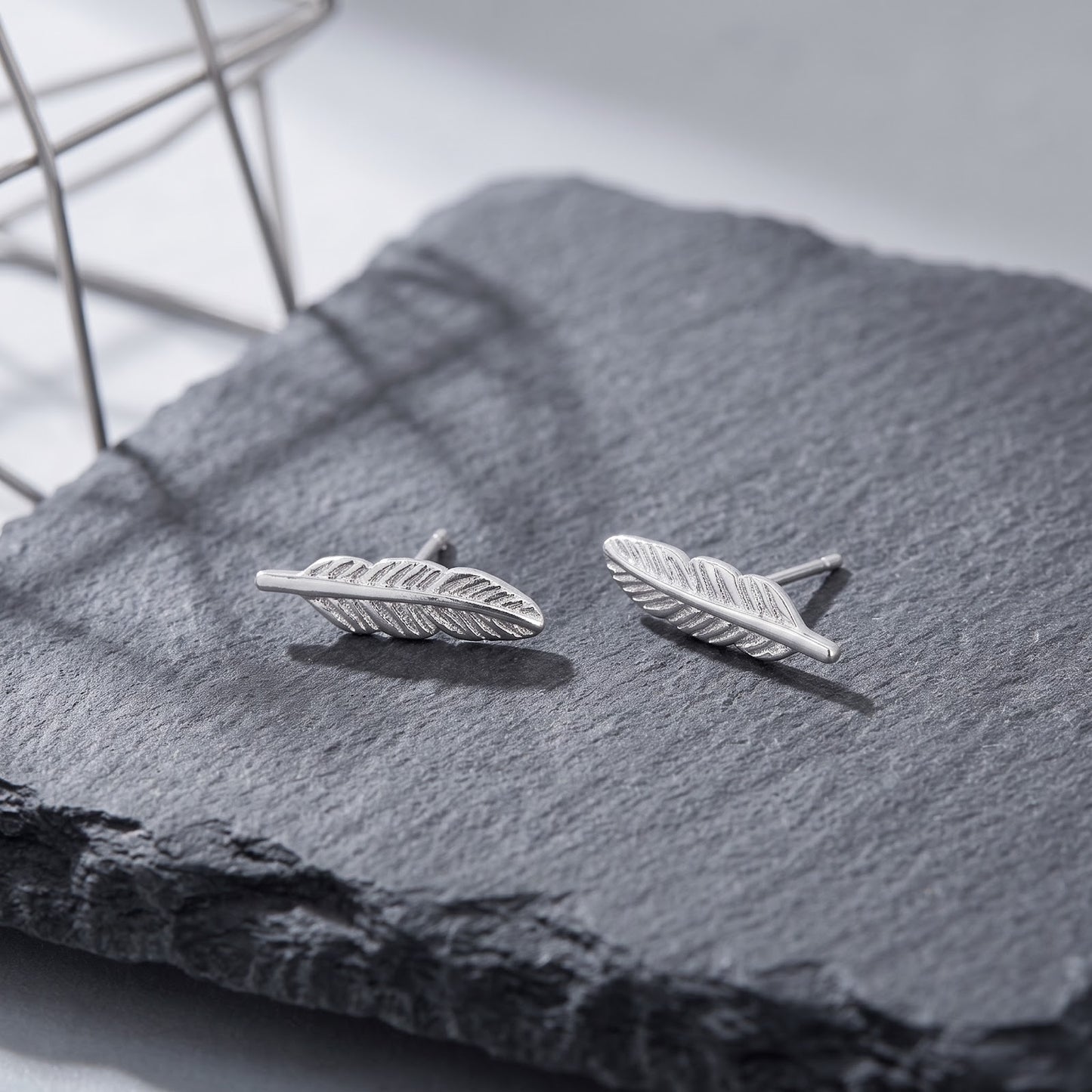 Rhodium Plated Feather Stud Earrings