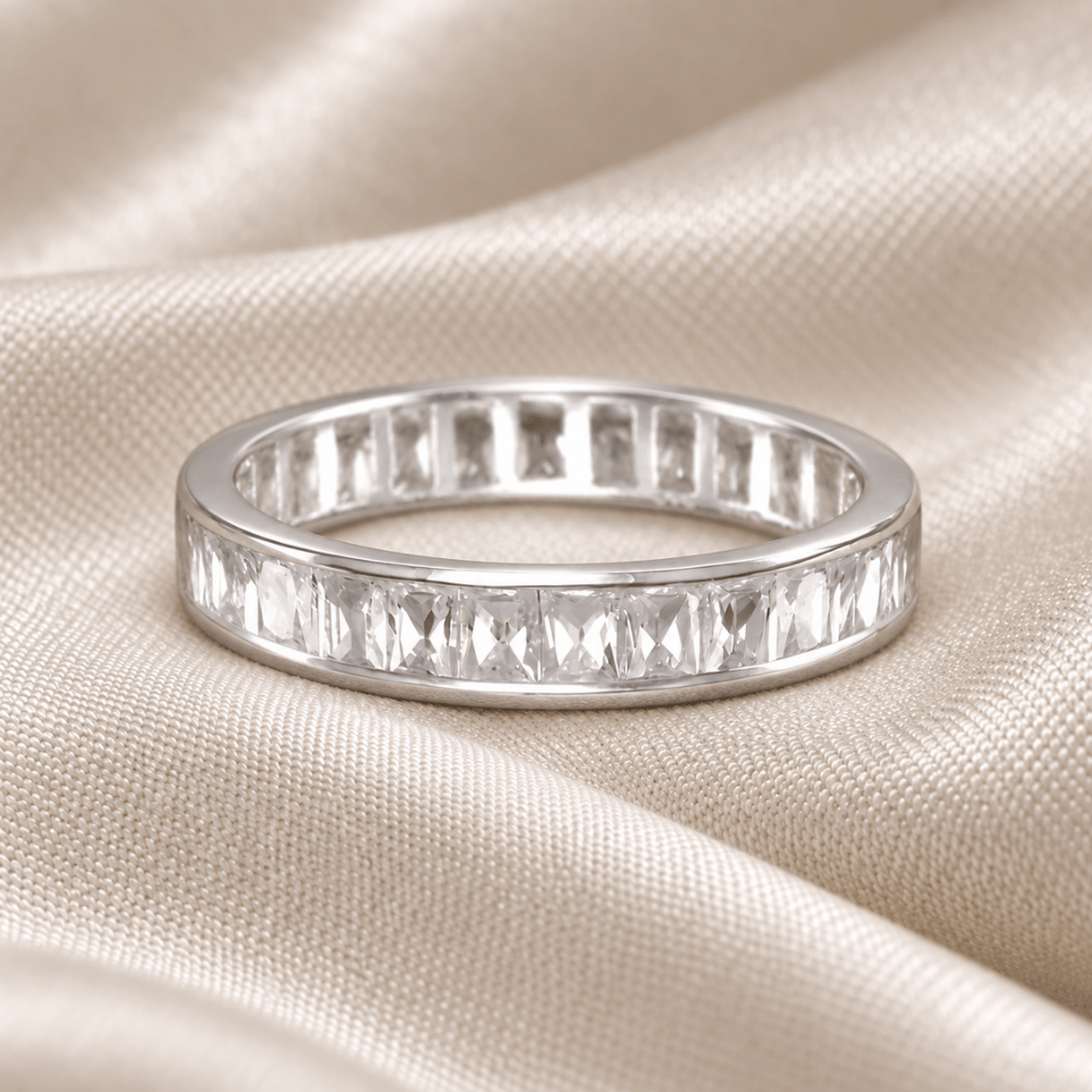 Rhodium Plated 4mm Baguette CZ Eternity Band