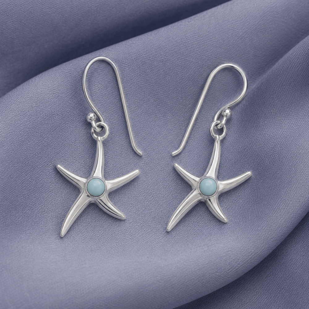 Rhodium Plated 3mm Larimar Starfish Earrings