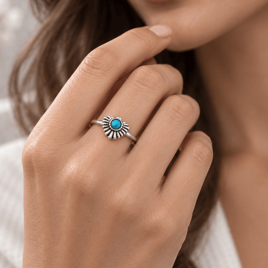 Rhodium Plated Oxidized Fan with Imitation Turquoise Ring