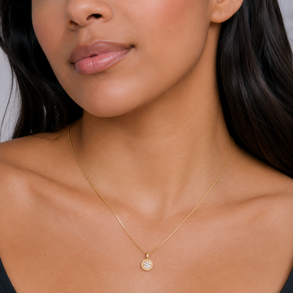 16" 14 Karat Gold Plated Diamond Studded Disc Necklace