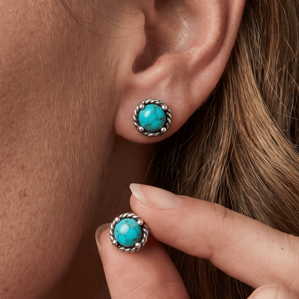 Oxidized Rope Edge Turquoise Stud Earrings