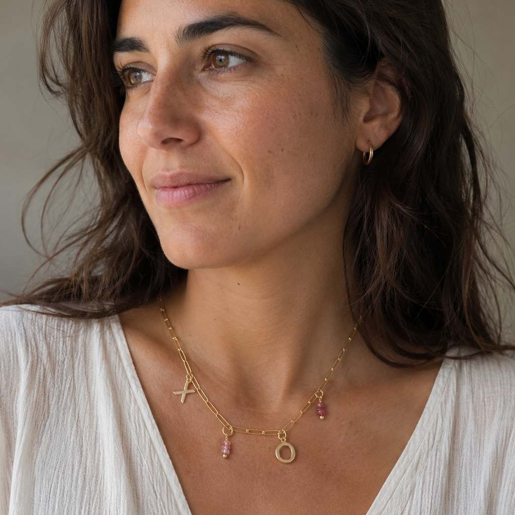 18” 14 Karat Gold Plated XO Charm Gem Drop Necklace