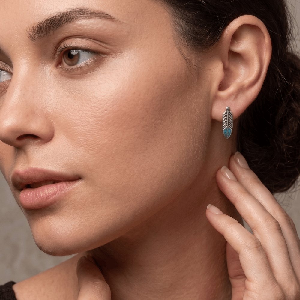 Oxidized Turquoise Chip Inlay Feather Stud Earrings