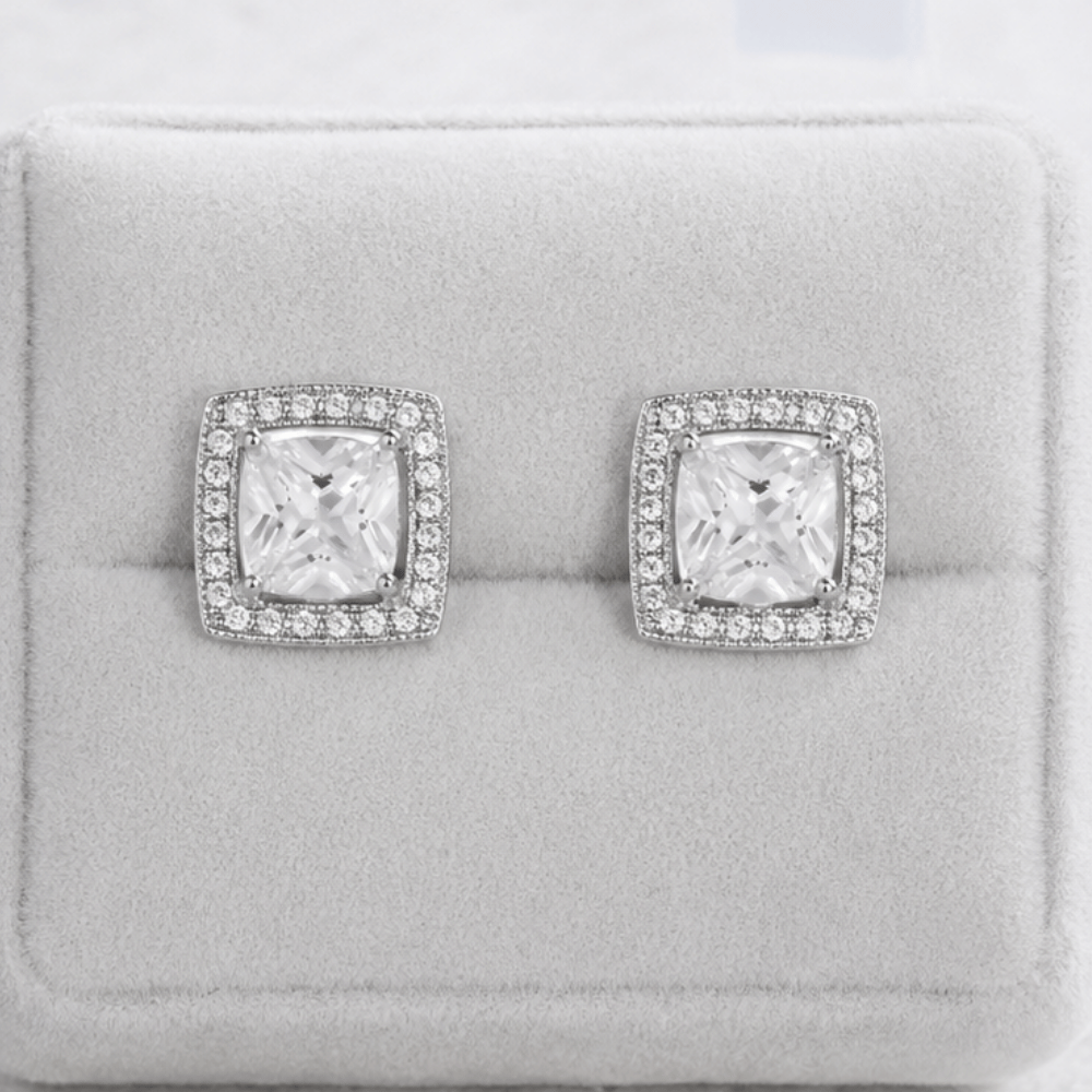 Rhodium Plated Square CZ with Halo Stud Earrings
