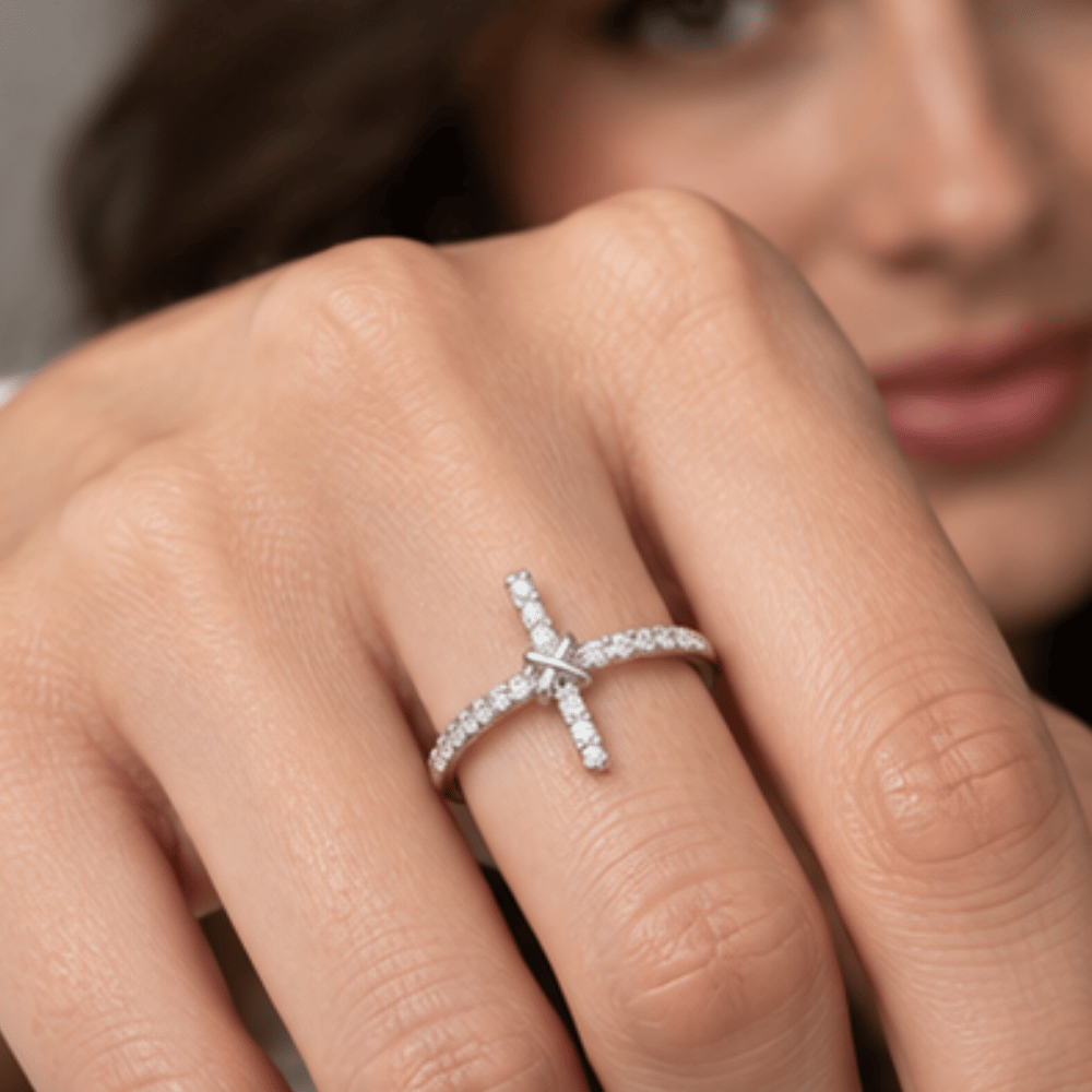 Rhodium Plated CZ Sideways Cross Ring