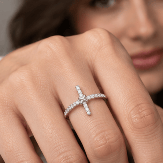 Rhodium Plated CZ Sideways Cross Ring