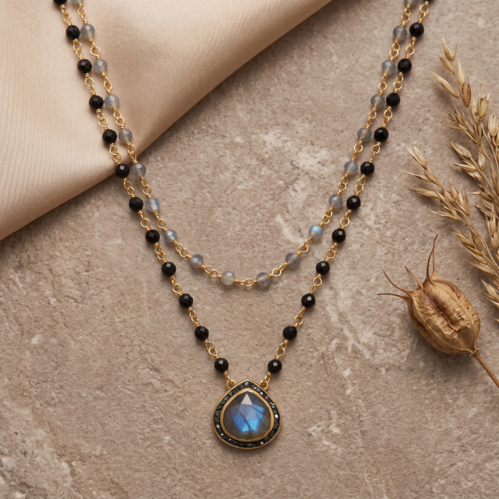 19"/20" + 2" 14 Karat Gold Plated Labradorite and Black Onyx Necklace
