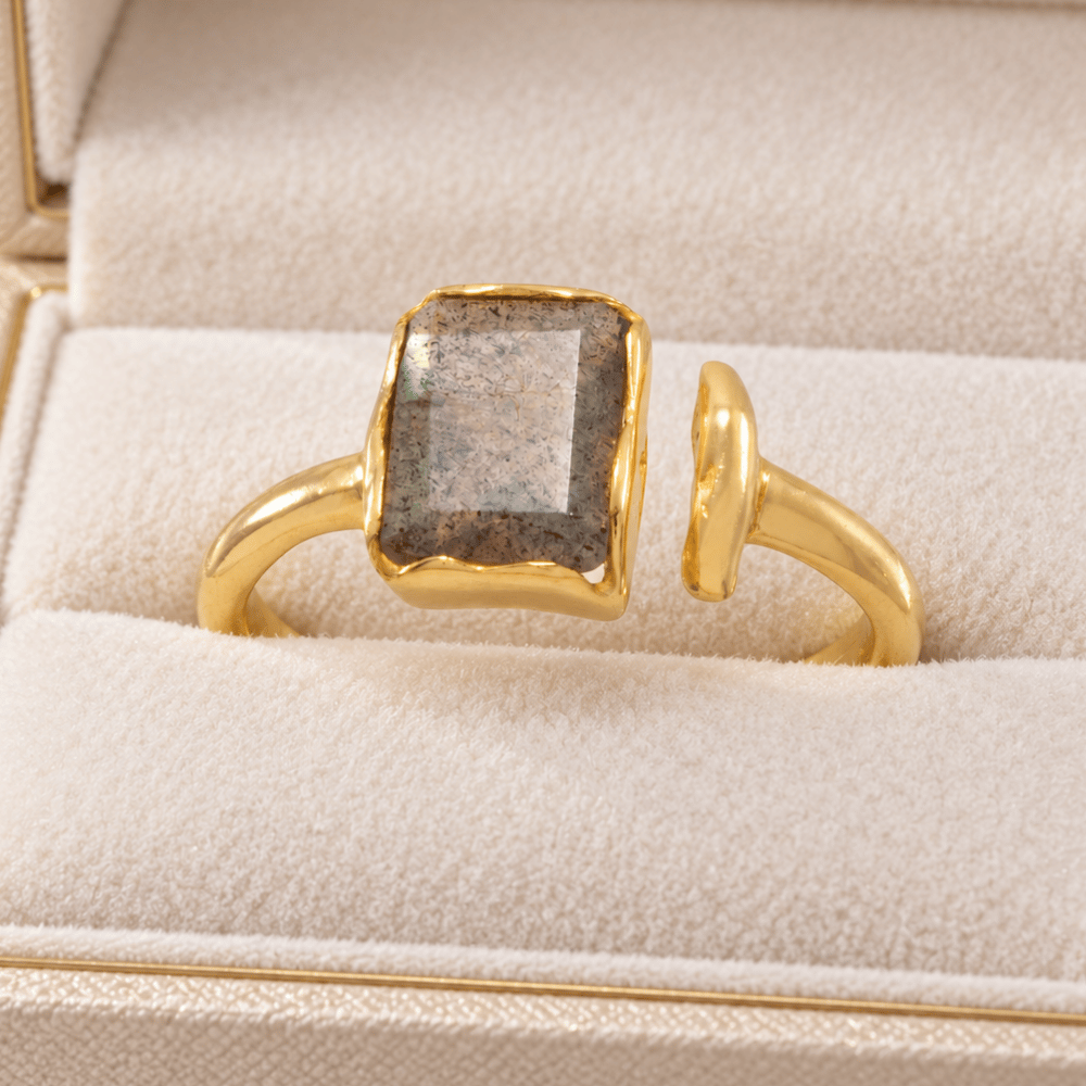 14 Karat Gold Plated Rectangular Labradorite Ring