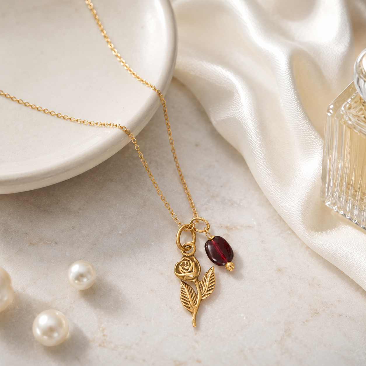 18" 14 Karat Gold Plated Rose and Garnet Gem Drop Necklace