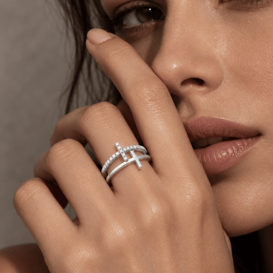 Rhodium Plated Double Cross Ring