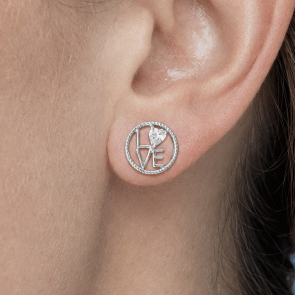 Round "LOVE" CZ Heart Stud Earrings