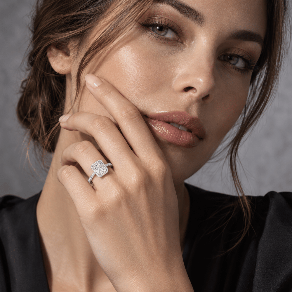 Rhodium Plated Solitaire Rectangle CZ Ring with Halo CZ Edge