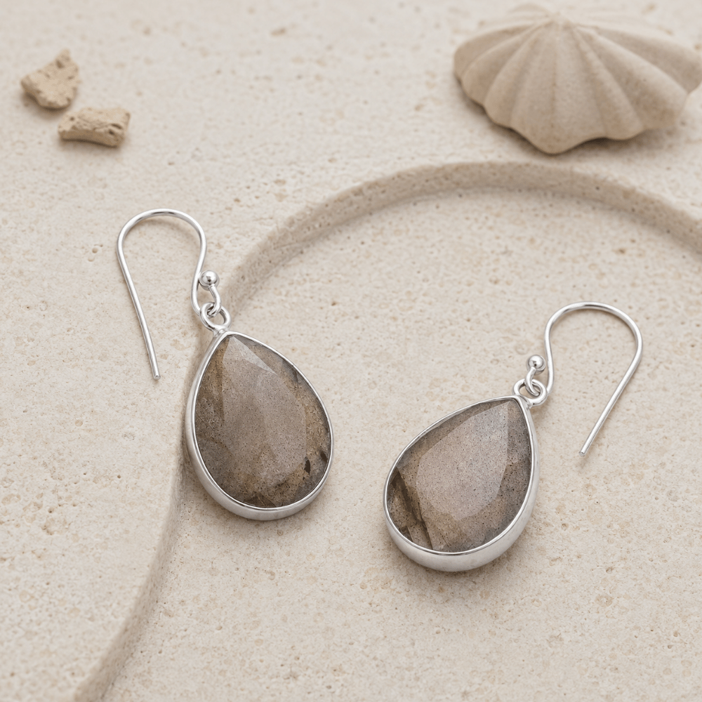Rhodium Plated Hammered CZ and Labradorite Earrings