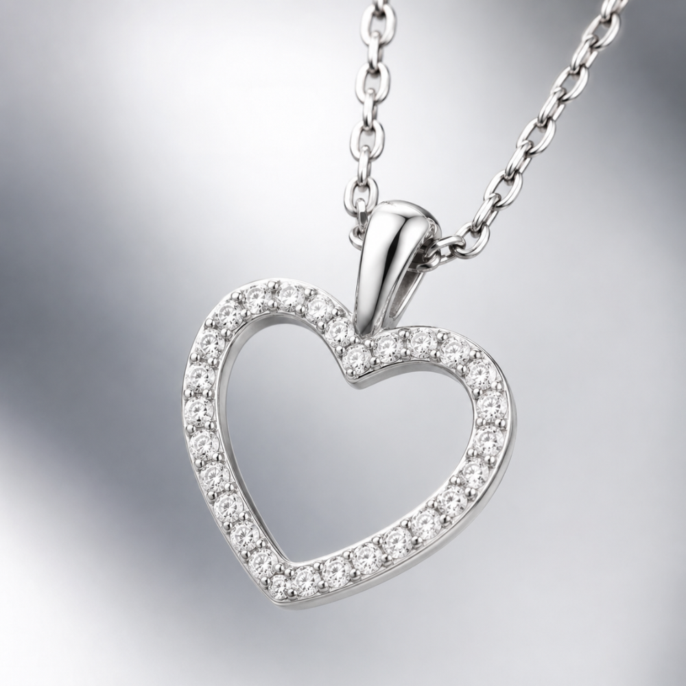 16" + 2" Rhodium Plated CZ Heart Necklace
