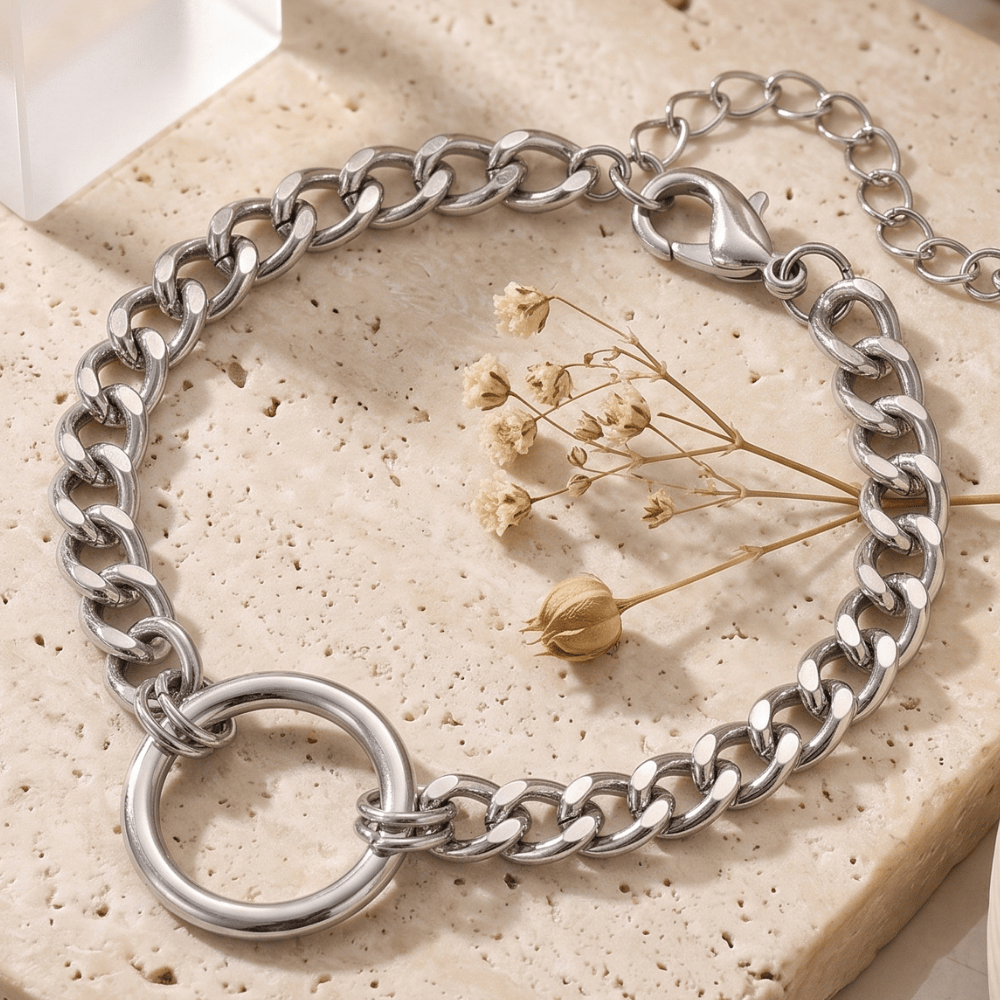 7" + 2" Silver Tone Curb Chain O-Ring Fashion Bracelet