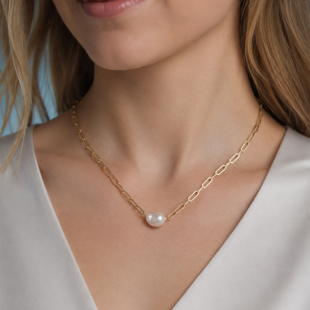 16" + 3" Gold Tone Imitation Baroque Pearl Drop Fashion Necklace
