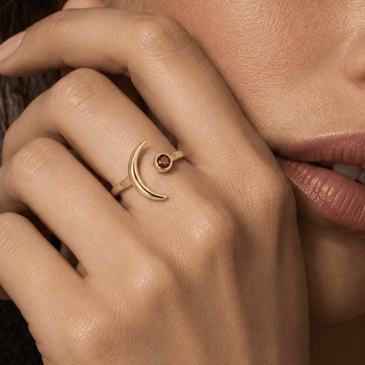 14 Karat Gold Plated Moon and Garnet Ring