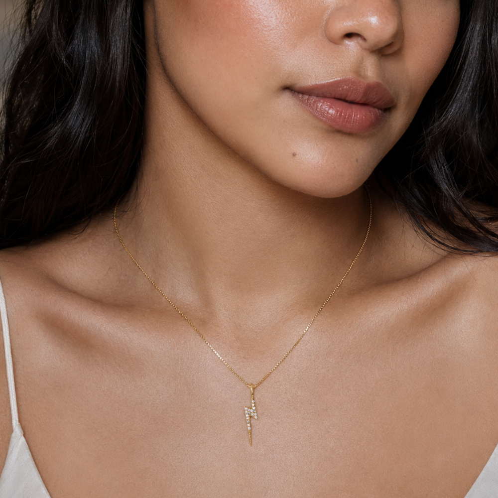 16" 14 Karat Gold Plated Diamond Studded Lightning Bolt Necklace