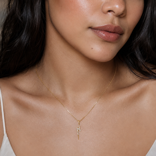 16" 14 Karat Gold Plated Diamond Studded Lightning Bolt Necklace
