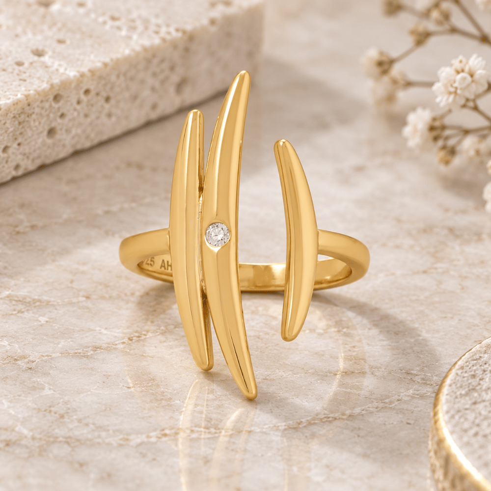 14 Karat Gold Plated Adjustable CZ Crescent Ring