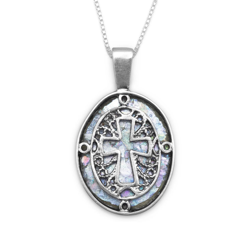 18" Oval Ancient Roman Glass Cutout Cross Necklace