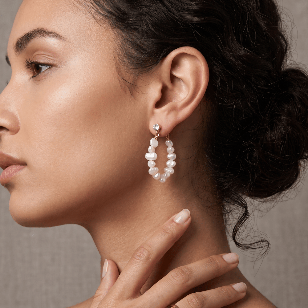 14 Karat Gold Plated Crystal and Cultured Freshwater Pearl Hoop Earrings