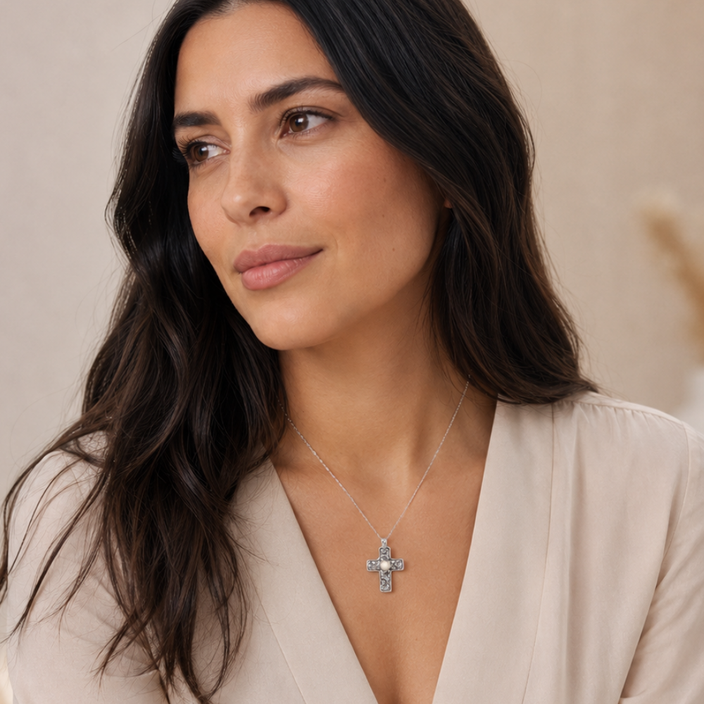 Reversible Cross Charm with Cultured Freshwater Pearl Necklace