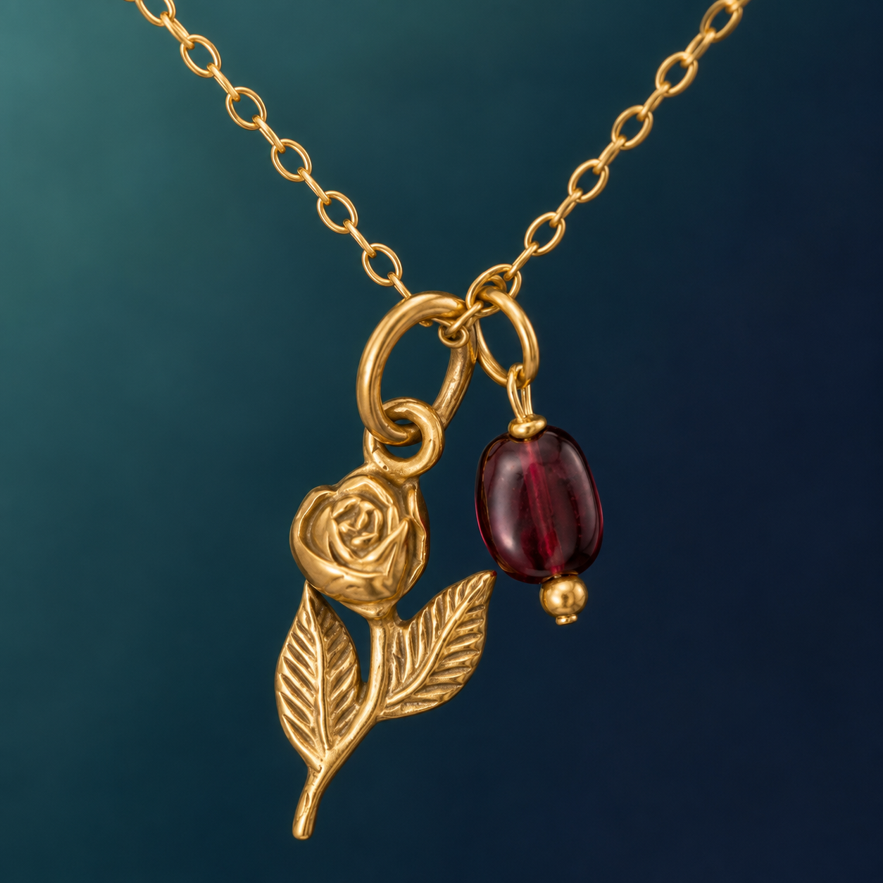 18" 14 Karat Gold Plated Rose and Garnet Gem Drop Necklace