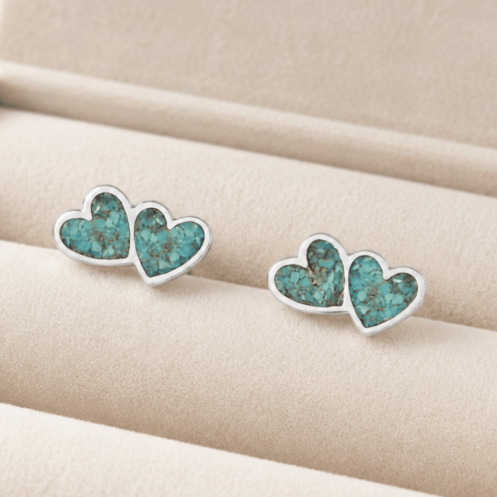 Turquoise Chip Double Heart Stud Earrings