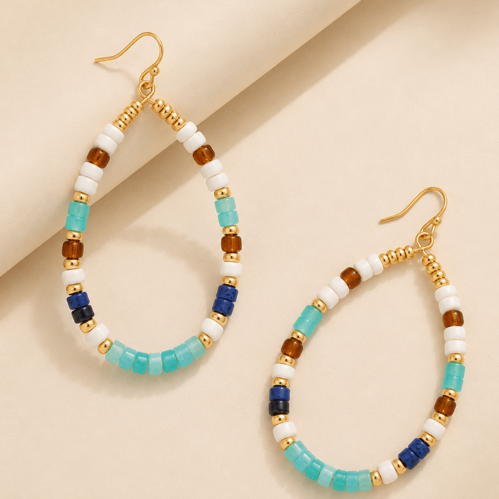 Gold Tone Multicolor Seed Bead Pear Drop Fashion Earrings