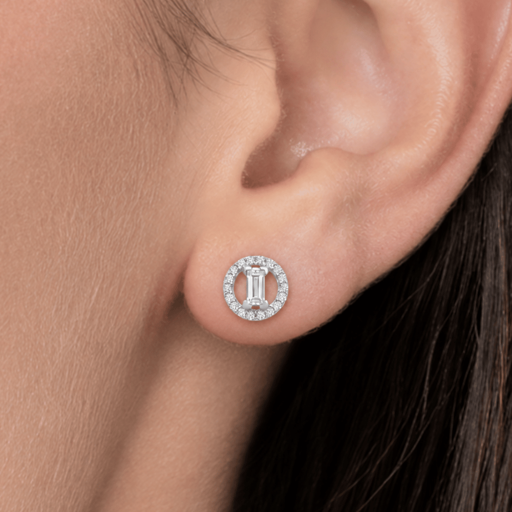 Baguette and Halo CZ Stud Earrings - Rhodium Plated
