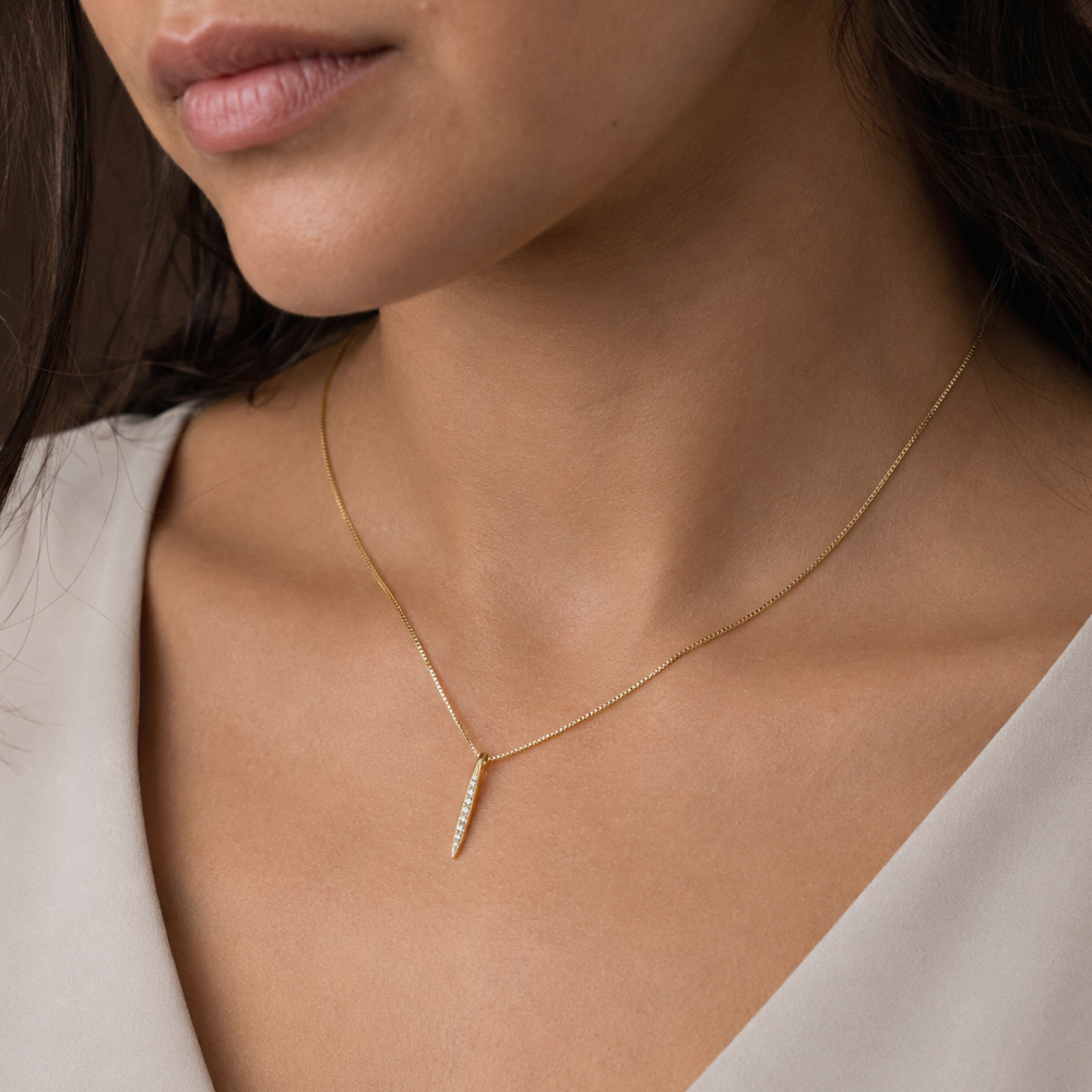 16" Small 14 Karat Gold Plated Diamond Studded Spike Necklace