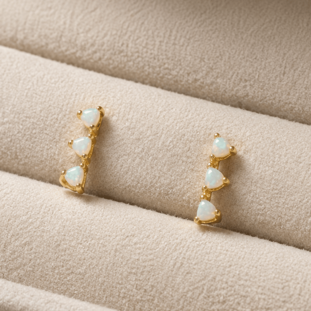14 Karat Gold Plated Mini Triangle Synthetic White Opal Studs
