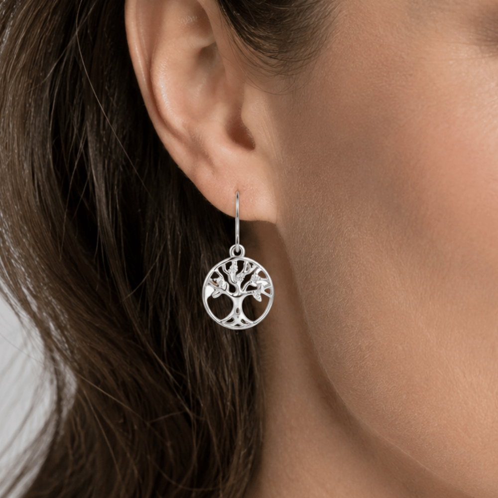 Rhodium Plated CZ Tree of Life Earrings
