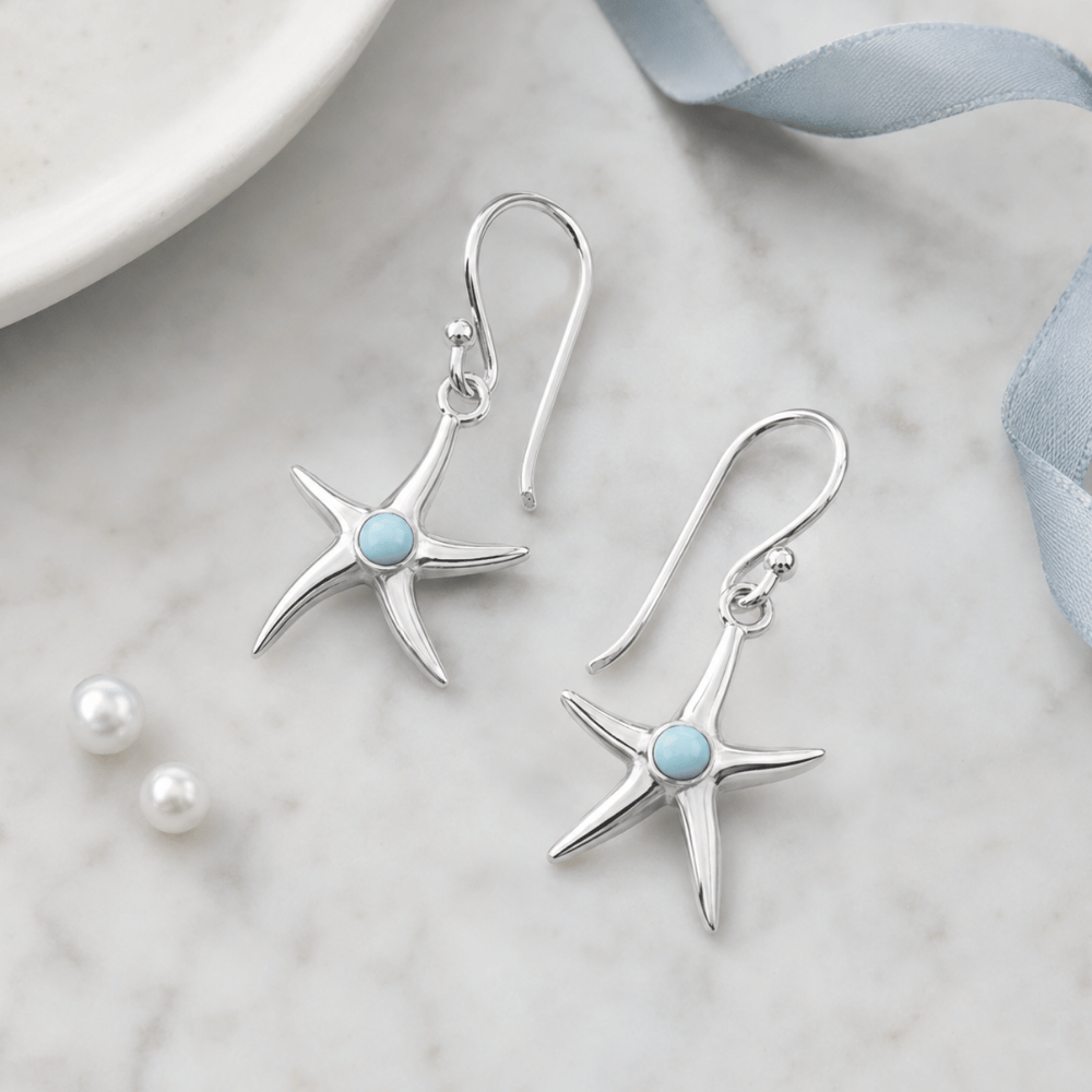 Rhodium Plated 3mm Larimar Starfish Earrings