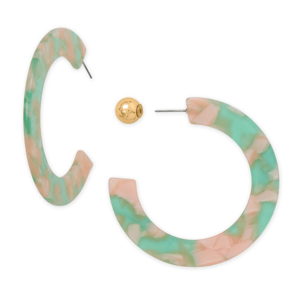 Gold Tone Green Marble Acrylic 3/4 Hoop Earrings