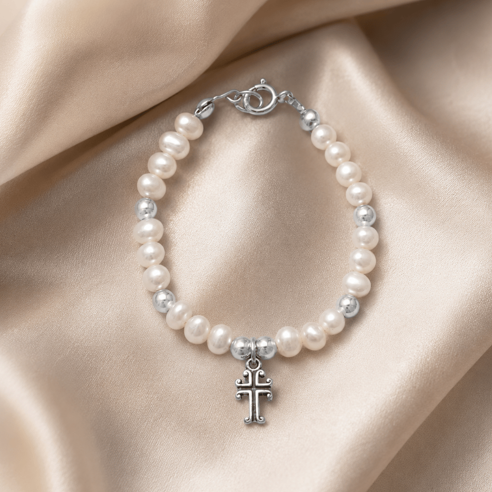 5" Cultured Freshwater Pearl and Oxidized Cross Bracelet