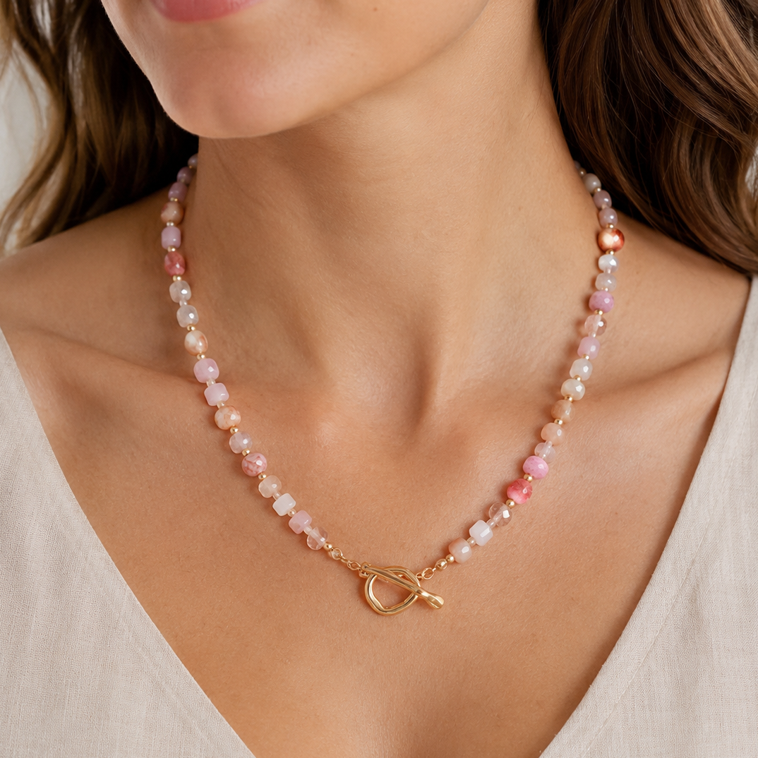 18" Pink Rondell Glass and Picture Jasper Bead Fashion Toggle Necklace
