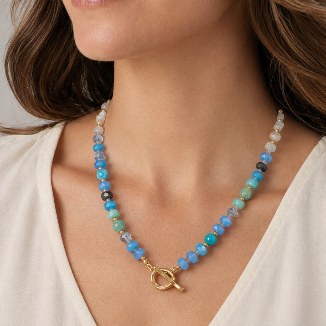 18" Blue Rondell Glass and Dyed Howlite Bead Fashion Toggle Necklace