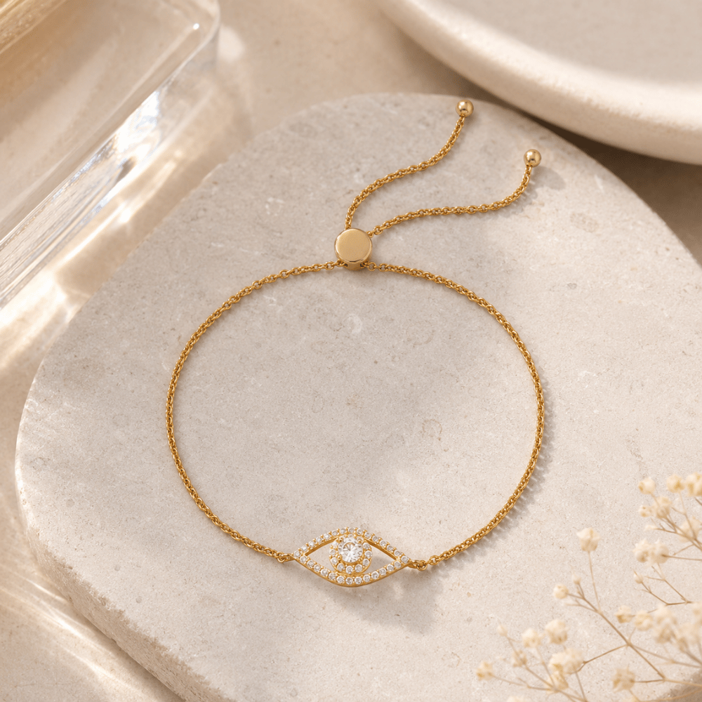 14 Karat Gold Plated CZ Evil Eye Friendship Bolo Bracelet